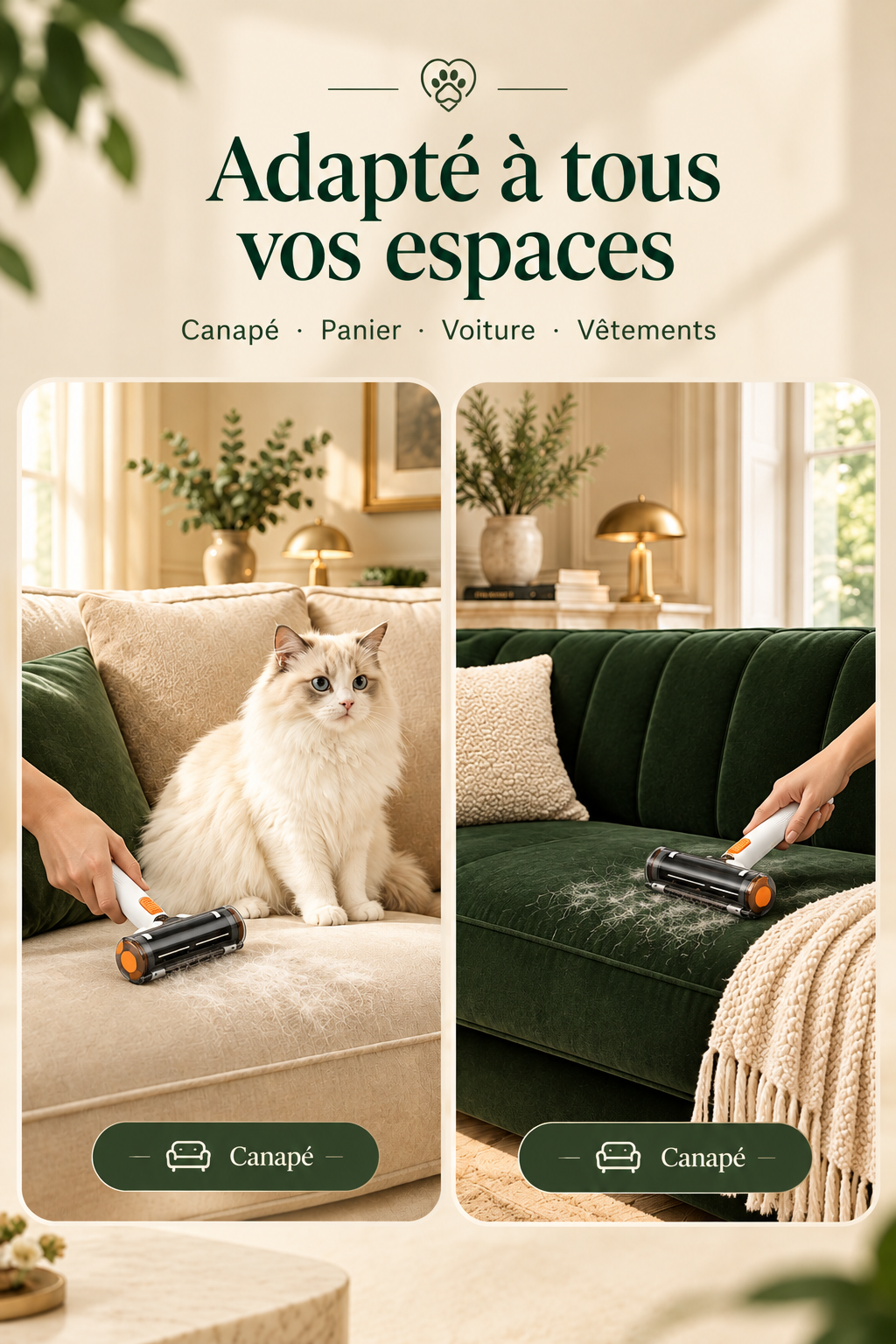 Rouleau anti-poils réutilisable double face PawZen, couleur blanche